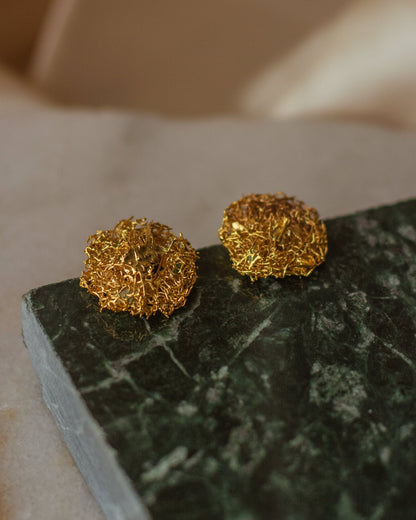 Unique Luffa Stud Earrings in 24K gold plating, combining art, nature, and sustainability in a stunning fashion statement.