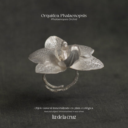 Elegant Phalaenopsis Orchid Ring in sustainable silver, capturing the essence of ecological awareness and design